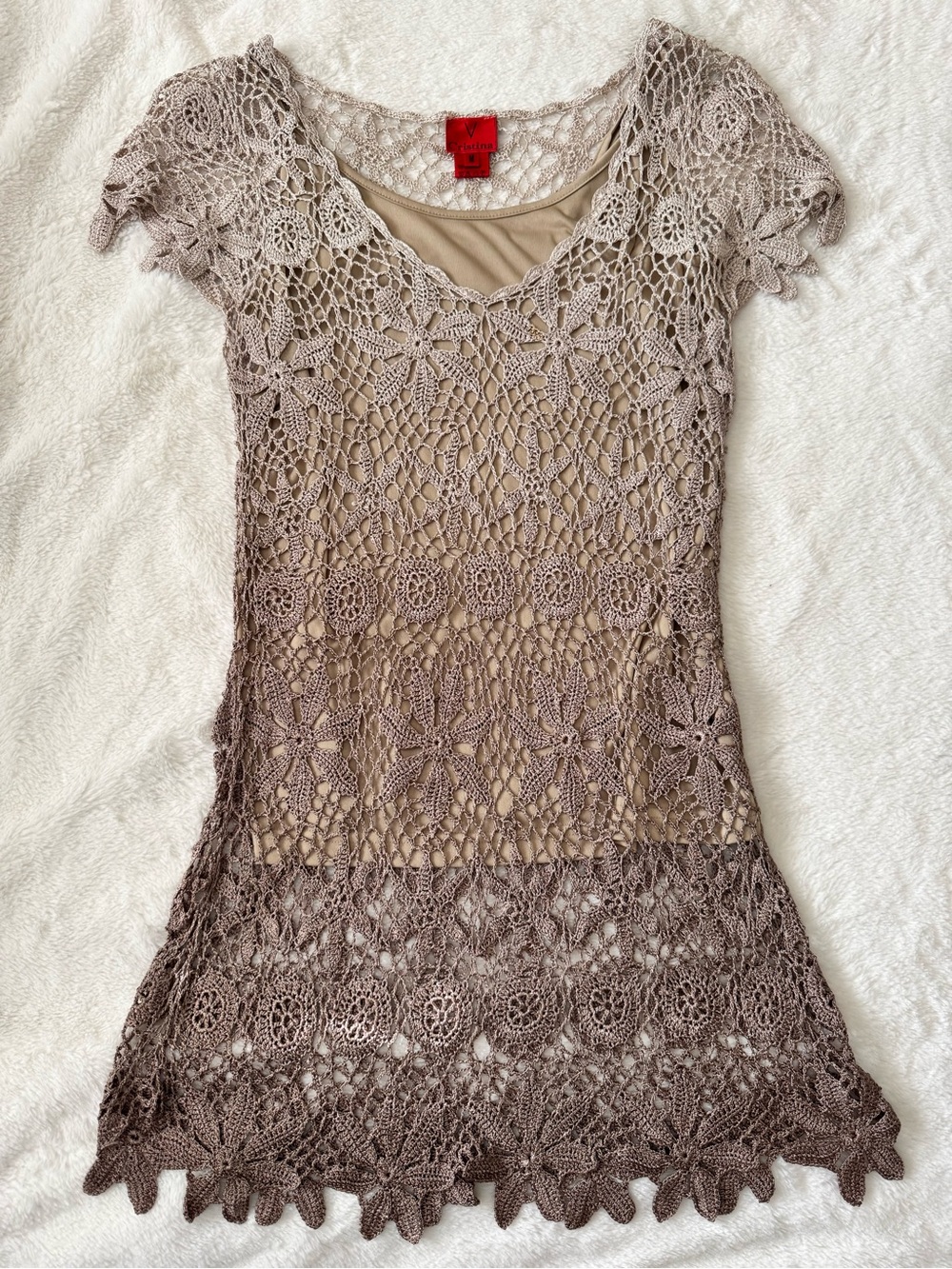 Crochet Overlay Tunic Top in Taupe Beige